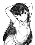  1girl arms_behind_head arms_up black_eyes black_hair blush breasts bright_pupils closed_mouth collared_shirt greyscale hair_between_eyes highres kokomi_(aniesuakkaman) leaning_forward long_hair looking_at_viewer mari_(omori) monochrome omocat_(style) omori pleated_skirt posing shirt short_sleeves skirt smile solo white_background 