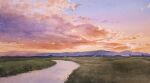  cloud cloudy_sky day grass grasslands highres horizon mountain mountainous_horizon no_humans orange_sky original painting_(medium) river riverbank scenery sky sunlight sunset toyonaga_ryouhei traditional_media watercolor_(medium) watermark 