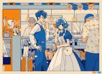  1girl 3boys apron baseball_cap black_eyes blue_dress blue_hair blue_pants blue_vest border cafe ceiling_light collared_shirt cowboy_shot display_case dress drink finger_to_mouth frilled_apron frills glasses grey_hair halftone hand_on_own_hip hat head_scarf highres holding holding_drink indoors keishin light_bulb limited_palette looking_at_another looking_at_viewer maid maid_headdress maneki-neko mouth_hold multiple_boys necktie orange_necktie original pants pinky_to_mouth print_shirt profile puffy_short_sleeves puffy_sleeves shirt short_hair short_hair_with_long_locks short_sleeves sign suitcase translation_request vest white_apron white_border white_shirt 