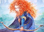  1girl arrow_(projectile) blue_cape blue_dress blue_eyes bow_(weapon) brave_(pixar) cape commentary_request cowboy_shot curly_hair dress eyelashes freckles incoming_attack karin_park korean_commentary long_hair long_sleeves looking_at_viewer merida_(brave) orange_hair painting_(medium) signature solo traditional_media watercolor_(medium) weapon 