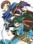  1990s_(style) 1girl 2boys armor blue_armor blue_cape blue_dress blue_hair cape dress eliwood_(fire_emblem) fire_emblem fire_emblem:_the_blazing_blade grey_hair hands_up hector_(fire_emblem) high_ponytail highres holding holding_sword holding_weapon long_hair lyn_(fire_emblem) multiple_boys red_cape red_hair retro_artstyle scabbard sheath shino_(2919) short_hair side_slit simple_background sword weapon white_background 