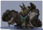abs armor balls bottomwear claws clothing finger_claws genitals glans headgear helmet hi_res league_of_legends leg_wraps loincloth looking_at_viewer male nasus_(lol) nipples penis riot_games simple_background solo taru_psd teeth toe_claws wraps