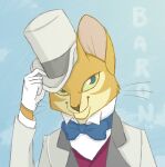 2011 anthro baron_humbert_von_gikkingen bow_tie character_name clothed clothing digital_drawing_(artwork) digital_media_(artwork) domestic_cat english_text felid feline felis fur ghibli gloves graystripe64 green_eyes handwear hat headgear headwear hi_res male male_anthro mammal shaded smile solo suit tan_body tan_fur text the_cat_returns top_hat