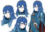  1girl :o ameno_(a_meno0) armor black_sweater blue_cape blue_eyes blue_hair blush cape closed_mouth fire_emblem fire_emblem_awakening hair_between_eyes long_sleeves looking_at_viewer lucina_(fire_emblem) multiple_views pauldrons red_cape ribbed_sweater shoulder_armor simple_background smile sweatdrop sweater teeth tiara turtleneck turtleneck_sweater two-tone_cape upper_teeth_only white_background 