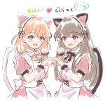  2girls :d alternate_costume animal_ears apron aqua_eyes bell black_ribbon black_wrist_cuffs blush brown_hair cat_day cat_ears cat_tail commentary cropped_torso crossed_bangs dress enmaided fake_animal_ears fake_tail frilled_cuffs fujishima_megumi group_name hair_bell hair_ornament heart heart_hands heart_hands_duo heart_in_heart_hands highres hinoshita_kaho link!_like!_love_live! long_hair looking_at_viewer love_live! maid maid_headdress medium_hair multiple_girls neck_ribbon nyan open_mouth orange_hair paw_pose paw_print pink_dress pink_wrist_cuffs puffy_short_sleeves puffy_sleeves purple_eyes ribbon short_sleeves simple_background sketch smile tail two_side_up virtual_youtuber white_apron white_background white_ribbon wrist_cuffs yutuki_ame 