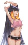 1girl absurdres alternate_costume armpits arms_up blunt_bangs closed_eyes covered_nipples fang gradient_hair highres hololive hololive_english honkivampy long_hair mole mole_under_eye multicolored_hair navel ninomae_ina&#039;nis open_mouth orange_hair pointy_ears purple_hair short_shorts shorts sidelocks simple_background smile solo stretching tentacle_hair very_long_hair virtual_youtuber white_background 