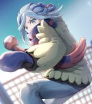 1boy aqua_eyes blue_hair blue_mittens blue_scarf blurry blurry_background commentary_request day eyelashes fence floating_scarf grusha_(pokemon) hair_bun highres jacket long_sleeves male_focus min_(myna8247) mittens outdoors pants pokemon pokemon_sv scarf signature solo striped_clothes striped_scarf yellow_jacket 