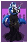 absurd_res anthro big_breasts biped blue_body blue_fur breasts canid canine clothed clothing dress female fur greasymojo hi_res looking_at_viewer mammal multicolored_body multicolored_fur pupils smile smoking solo_focus thick_thighs two_tone_body two_tone_fur