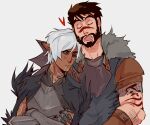  2boys absurdres arm_hair armor beard black_hair blush closed_eyes couple crossed_arms dark-skinned_male dark_skin dragon_age dragon_age_2 drooling elf facial_hair facial_mark fenris_(dragon_age_2) full_beard fur-trimmed_armor fur_trim garrett_hawke green_eyes grey_background head_on_another&#039;s_shoulder highres leaning_on_person lunehowls male_focus mature_male mouth_drool multiple_boys neck_tattoo pointy_ears short_hair shoulder_tattoo simple_background sleeping tattoo upper_body white_hair yaoi 