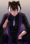  1boy animal_ears black_gloves buttons closed_mouth gloves highres holostars ioriso kageyama_shien multicolored_hair necktie sitting solo two-tone_hair white_necktie yellow_eyes 