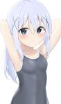  1girl absurdres armpits arms_behind_head arms_up blue_eyes blue_hair blue_swimsuit blush breasts covered_navel gochuumon_wa_usagi_desu_ka? hair_ornament hairclip highres k12040707 kafuu_chino long_hair one-piece_swimsuit school_swimsuit simple_background small_breasts solo swimsuit upper_body white_background 