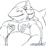 anthro artdecade blush breast_grab breasts duo eyes_closed fish hand_on_breast male male/male marine moobs musclegut muscular one_eye_closed open_mouth shark sharp_teeth simple_background smile teeth teeth_showing tumblr website_url white_background