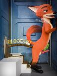 3d_(artwork) absurd_res against_door against_surface anthro blender_(software) blender_cycles bloated brown_body brown_eyebrows brown_fur canid canine dialogue digital_media_(artwork) digitigrade disney door english_text eyebrows feces fox fur genitals green_eyes hi_res kenresek knot looking_pleasured male mammal nick_wilde onomatopoeia orange_body orange_fur penis pooping portapotty raised_tail red_penis rumbling_stomach scat solo sound_effects tail text toilet_paper toilet_use zootopia