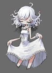  1girl closed_eyes dress grey_background highres leoleonardk10 living_hair monster_girl original prehensile_hair single_wrist_cuff skirt skirt_hold smile snake snake_hair solo sundress white_dress white_snake white_wrist_cuffs wrist_cuffs 