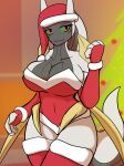 2023 5_fingers absolute_territory anthro anthrofied arceus big_breasts blurred_background breasts christmas christmas_tree cleavage clothed clothing collarbone colored digital_media_(artwork) dima_(artist) female fingers generation_4_pokemon green_sclera grey_body hi_res holidays humanoid_hands inside legendary_pokemon legwear leotard navel_outline nintendo non-mammal_breasts plant pokemon pokemon_(species) red_eyes shaded smile solo thigh_highs tree