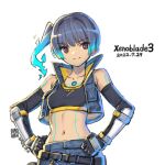  1girl bare_shoulders blue_hair breasts brown_eyes chest_jewel collarbone dated fiery_hair glowing_lines hand_on_hip midriff navel ponytail saitou_masatsugu sena_(xenoblade) short_shorts shorts side_ponytail signature simple_background small_breasts smile solo sports_bra toned xenoblade_chronicles_(series) xenoblade_chronicles_3 