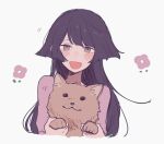  1girl animal blush cropped_torso dog freckles grey_eyes hair_flaps holding holding_animal long_hair looking_at_viewer maco22 open_mouth original purple_hair smile solo 