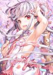  1girl armpits breasts cherry_blossoms fujima_takuya hair_between_eyes highres holding holding_staff original red_eyes small_breasts smile solo staff white_hair 