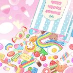  bag bear bird candy candy_wrapper cherry commentary egg english_commentary food food_focus fruit gummy_bear gummy_worm highres jelly_bean no_humans original pink_background rainbow star_(symbol) strawberry summernight_12 watermelon wrapped_candy 