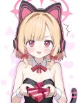  1girl ^^^ animal_ear_headphones animal_ears black_leotard blonde_hair blue_archive blush bow bowtie breasts cat_ear_headphones chestnut_mouth detached_collar fake_animal_ears giving hair_bow halo headphones highres leotard looking_at_viewer low-tied_sidelocks momoi_(blue_archive) open_mouth p-gnesium pink_halo playboy_bunny red_bow red_bowtie second-party_source short_hair small_breasts smile solo wrist_cuffs 