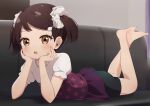  1girl absurdres barefoot becky_blackbell bike_shorts black_hair blush couch crossed_legs english_commentary feet_up female_child hair_ornament hair_scrunchie hairclip hands_on_own_cheeks hands_on_own_face head_rest highres ikazu401 looking_at_viewer lying on_couch on_stomach open_mouth purple_skirt scrunchie shirt short_hair skirt solo spy_x_family the_pose twintails white_shirt yellow_eyes 