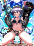  1girl angry arknights bare_legs bare_shoulders bikini black_bikini blue_bikini blue_hair blush breasts ch&#039;en_(arknights) ch&#039;en_the_holungday_(arknights) commentary_request dragon_girl dragon_horns dragon_tail dual_wielding eyewear_on_head eyewear_on_headwear from_below hands_up hat high_heels highres holding horns jacket kado_(hametunoasioto) kneeling legs legs_apart long_hair long_sleeves looking_at_viewer looking_down medium_breasts micro_shorts midriff navel off_shoulder open_clothes open_jacket outdoors parted_lips red_eyes rhodes_island_logo sandals serious shorts solo sun sunglasses swimsuit tail thighs tiptoes wet 