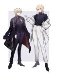  2boys black_coat black_nails black_pants blonde_hair chuchumimipupu coat coat_on_shoulders commentary_request dio_brando earrings expressionless father_and_son fingernails giorno_giovanna green_eyes highres jewelry jojo_no_kimyou_na_bouken male_focus multiple_boys necklace pants red_eyes sharp_fingernails smile stardust_crusaders turtleneck v-shaped_eyebrows vento_aureo white_coat 
