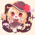  1girl absurdres blonde_hair bow candy food halloween_costume hat hat_bow highres holding inukkomaru open_mouth red_eyes rumia sharp_teeth solo star_(symbol) teeth touhou upper_teeth_only 