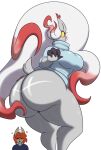 2024 4_fingers anthro big_breasts big_butt blue_clothing blue_shirt blue_sweater blue_topwear blush blush_stickers bottomless bottomless_anthro bottomless_female breasts butt cinderace claws clothed clothing dani_(dewwydarts) dewwydarts duo female fingers fur generation_8_pokemon grey_body grey_fur hair hair_over_eye heart_symbol hi_res highlights_(coloring) hisuian_form hisuian_zoroark huge_butt john_(dewwydarts) long_hair looking_at_viewer looking_back looking_back_at_viewer male nintendo one_eye_obstructed orange_hair pokemon pokemon_(species) red_eyes red_highlights regional_form_(pokemon) shiny_pokemon shirt simple_background simple_eyes solo_focus standing sweater tail thick_thighs topwear white_background white_hair yellow_sclera