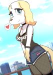 absurd_res aggretsuko anthro blush boots borzoi bottomwear breasts canid canine canis choker cleavage clothed clothing crop_top domestic_dog female fishnet_clothing fishnet_legwear footwear heart_symbol hi_res hotpants hunting_dog inui_(aggretsuko) jewelry legwear looking_at_viewer mammal necklace onibi sanrio shirt shorts sighthound solo thigh_boots thigh_highs topwear union_jack