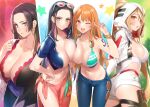  4girls aqua_eyes bangs bare_shoulders black_hair blonde_hair blue_eyes blush boa_hancock breasts cleavage collarbone eyewear_on_head forehead hair_pulled_back large_breasts long_hair looking_at_viewer multiple_girls nami_(one_piece) navel nico_robin one_piece one_piece:_film_red open_mouth orange_eyes orange_hair parted_bangs parted_lips popqn smile sunglasses thighs 