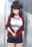  1girl absurdres arm_at_side bangs black_hair black_shorts blue_eyes blush breasts commentary_request cowboy_shot gym_shorts gym_uniform highres jacket kaku_yone locker locker_room long_hair looking_at_viewer medium_breasts open_clothes open_jacket original red_jacket short_shorts shorts smile solo standing track_jacket track_suit unzipping 