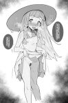  1girl bar_censor bare_shoulders blush braid breasts censored clothes_lift covered_nipples dress dress_lift greyscale hat heavy_breathing highres hot lifted_by_self lillie_(pokemon) long_hair looking_at_viewer milky_tea monochrome no_panties open_mouth pokemon pokemon_sm pussy pussy_juice side_braids small_breasts solo sun_hat sundress sweat translation_request 