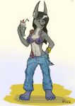 absurd_res anthro bikini bikini_top black_hair blue_eyes bottomwear bottomwear_down canid canine canis clothed clothing female hair hi_res jackal lilianne mammal panties pants pants_down partially_clothed paws piercing rickwulfk95 solo swimwear underwear