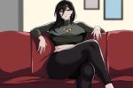  1girl black_eyes black_hair breasts closed_mouth couch crossed_legs earrings hair_between_eyes hella_p indoors jewelry large_breasts long_hair looking_at_viewer necklace original sitting solo thighs 