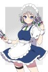  1girl absurdres apron between_fingers blue_dress blue_eyes blush border bow braid closed_mouth collared_shirt commentary cowboy_shot dress frilled_apron frilled_dress frills green_bow green_necktie grey_background grey_hair hair_between_eyes hair_bow highres holding holding_knife izayoi_sakuya knife knives_between_fingers looking_at_viewer maid maid_headdress miz_(mizillustration) necktie outline outside_border pinafore_dress puffy_short_sleeves puffy_sleeves shirt short_hair short_sleeves side_braids sleeveless sleeveless_dress smile solo split_mouth standing symbol-only_commentary thigh_strap touhou twin_braids waist_apron white_apron white_border white_outline white_shirt wrist_cuffs 