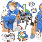  1girl animalization apex_legends blonde_hair blue_bodysuit blue_eyes blue_gloves bodysuit breasts cable d.o.c._health_drone dog gloves highres hongshao_dan_die hood hooded_bodysuit hooded_jacket jacket large_breasts lightning_bolt_symbol looking_at_viewer multiple_views nessie_(respawn) non-humanoid_robot orange_jacket parted_lips ribbed_bodysuit robot signature skin_tight sparkle stuffed_toy wattson_(apex_legends) white_bodysuit 