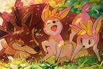  animal_focus antlers closed_eyes closed_mouth commentary_request deer deerling deerling_(spring) evolutionary_line eyelashes horns mei_ford no_humans on_grass open_mouth outdoors pokemon pokemon_(creature) sawsbuck sawsbuck_(spring) sitting snout 