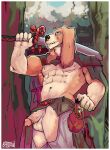 balls bastriw canid canine canis clothed clothing domestic_dog facial_piercing genitals hi_res looking_at_viewer male mammal melee_weapon muscular muscular_male nose_piercing outside partially_clothed penis piercing solo sword weapon