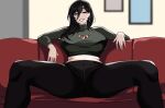  1girl black_eyes black_hair breasts couch earrings hair_between_eyes hella_p indoors jewelry large_breasts long_hair looking_at_viewer necklace original parted_lips sitting smile solo spread_legs thighs 