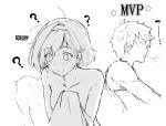  1boy 1girl ? after_sex bed_sheet blush breasts clothed_male_nude_female collarbone commentary_request constricted_pupils djeeta_(granblue_fantasy) dot_nose gran_(granblue_fantasy) granblue_fantasy hairband himukai_kyousuke medium_breasts messy_hair monochrome mvp nervous_smile nude pillow shirt short_hair smile star_(symbol) sweat translation_request upper_body 