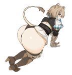  1girl all_fours animal_ear_fluff animal_ears ass back_cutout boots brown_hair clothing_cutout hair_ornament hairclip hazumi_aileen highres huge_ass indie_virtual_youtuber lion_ears lion_girl lion_tail looking_at_viewer solo tail thernz thigh_boots thong virtual_youtuber white_background 