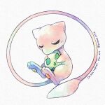  closed_eyes commentary egg full_body highres holding holding_egg kotone11152 mew no_humans pokemon pokemon_(creature) pokemon_egg solo traditional_media twitter_username 