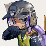  1boy blue_gloves commentary commission eyebrow_cut gloves grey_eyes jitian114514 lifebuoy male_focus medium_hair mining_helmet octoling octoling_boy octoling_player_character purple_hair rubber_gloves salmon_run_(splatoon) simple_background solo splatoon_(series) splatoon_3 swim_ring tentacle_hair upper_body white_background 
