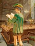  1boy akademiya_uniform black_hair black_shorts blue_hair book bookshelf chair closed_mouth from_behind genshin_impact green_hat hair_between_eyes hat highres holding holding_book indoors lamp library lic_617 long_sleeves looking_at_viewer looking_back male_focus scaramouche_(genshin_impact) shorts solo standing 