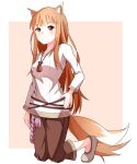  &gt;:) 1girl animal_ear_fluff animal_ears arm_at_side blunt_bangs blush border breasts brown_eyes brown_footwear brown_hair brown_pants closed_mouth commentary fox_ears full_body hand_on_own_hip high_heels holo jewelry kneeling light_brown_background long_hair long_sleeves looking_at_viewer necklace no_socks pants pumps shirt sidelocks simple_background small_breasts smile smug solo spice_and_wolf straight_hair tail tanuki_noyama v-shaped_eyebrows very_long_hair white_border white_shirt wolf_ears wolf_girl wolf_tail 