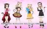  4girls :p ;o animal_ears animal_print bag bare_shoulders bell black_bow black_dress black_footwear black_gloves black_thighhighs blonde_hair blue_eyes blue_hair bob_cut boots bow bowtie bracelet bridal_gauntlets brown_dress brown_hair carrying cat_ears cat_tail character_name claw_pose cleavage_cutout closed_mouth clothing_cutout collared_dress commentary_request dress earrings elbow_gloves fake_animal_ears fake_tail fang fishnet_thighhighs fishnets frilled_cuffs frilled_hairband frilled_socks frills frown fur-trimmed_dress fur-trimmed_footwear fur_trim girls_und_panzer girls_und_panzer_senshadou_daisakusen! gloves grey_hair hair_ornament hairband hairclip half-skirt handbag high-waist_skirt highres itsumi_erika jewelry jingle_bell katyusha_(girls_und_panzer) kay_(girls_und_panzer) long_sleeves loose_socks mary_janes medium_dress medium_hair multiple_girls neck_bell off-shoulder_dress off_shoulder official_alternate_costume official_art one_eye_closed open_mouth over-kneehighs parted_bangs parted_lips paw_pose pink_background pink_shirt print_dress puffy_short_sleeves puffy_sleeves red_bow red_bowtie red_footwear red_skirt sawa_azusa shirt shoes short_dress short_hair short_sleeves skirt smile socks star_(symbol) suspender_skirt suspenders tail thighhighs tongue tongue_out translated watermark white_socks yellow_dress 