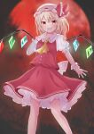  1girl :d absurdres arm_at_side ascot back_bow blonde_hair blurry blurry_background blush bow breasts bright_pupils ciruciru0810 commentary_request crystal eyebrows_hidden_by_hair fang feet_out_of_frame finger_to_mouth flandre_scarlet frilled_bow frilled_skirt frilled_sleeves frilled_wrist_cuffs frills full_moon hair_between_eyes hand_up hat hat_bow highres index_finger_raised long_hair looking_at_viewer medium_breasts mob_cap moon night open_mouth outdoors puffy_short_sleeves puffy_sleeves red_bow red_eyes red_moon red_skirt red_vest shirt short_sleeves side_ponytail skin_fang skirt smile solo standing touhou vest white_bow white_hat white_shirt wings wrist_cuffs yellow_ascot 