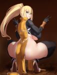  ass aster_crowley black_gloves black_thighhighs blonde_hair blue_eyes breasts curvy darkness_(konosuba) female_pervert gloves hair_ornament high_heels highres huge_ass jewelry knight kono_subarashii_sekai_ni_shukufuku_wo! large_breasts long_hair long_sleeves looking_at_viewer looking_back pelvic_curtain pervert plump ponytail ring smile spread_legs squatting thick_thighs thighhighs thighs tiptoes v wide_hips x_hair_ornament 