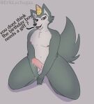 anthro beastars big_penis bodily_fluids canid canine canis clothing dialogue english_text eriklechugaa genital_fluids genitals hat headgear headwear hi_res legoshi_(beastars) looking_at_viewer male mammal party_hat penis precum seductive solo talking_to_viewer text thick_thighs wolf